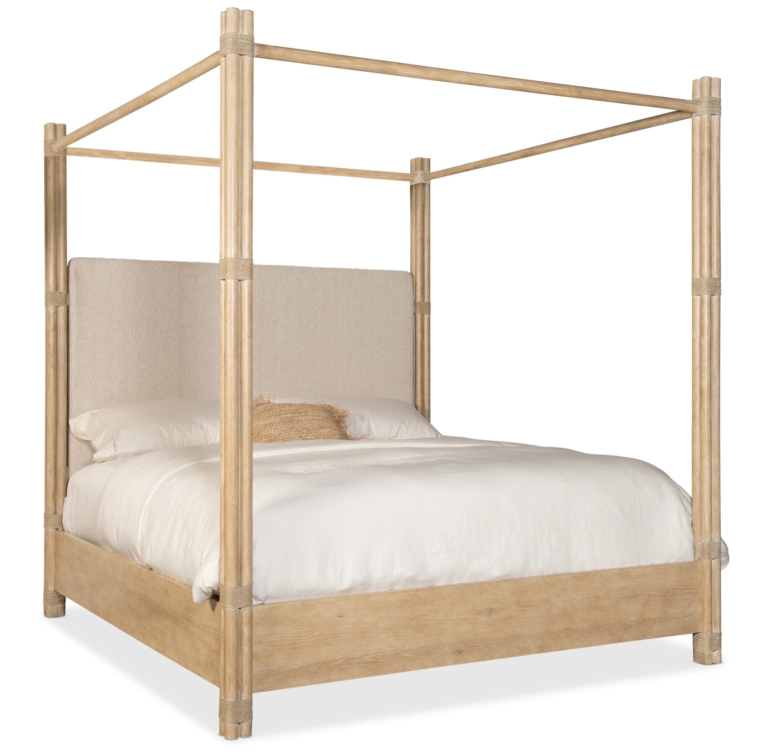 Retreat Pole Rattan King Upholstered Poster Bed withCanopy
