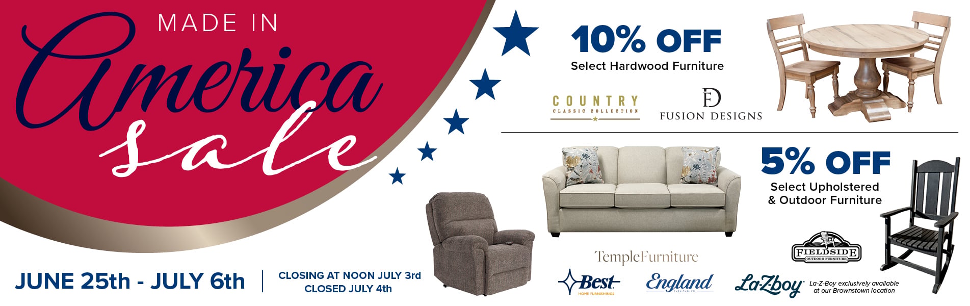 Made in America furniture sale advertisement with various discounts.