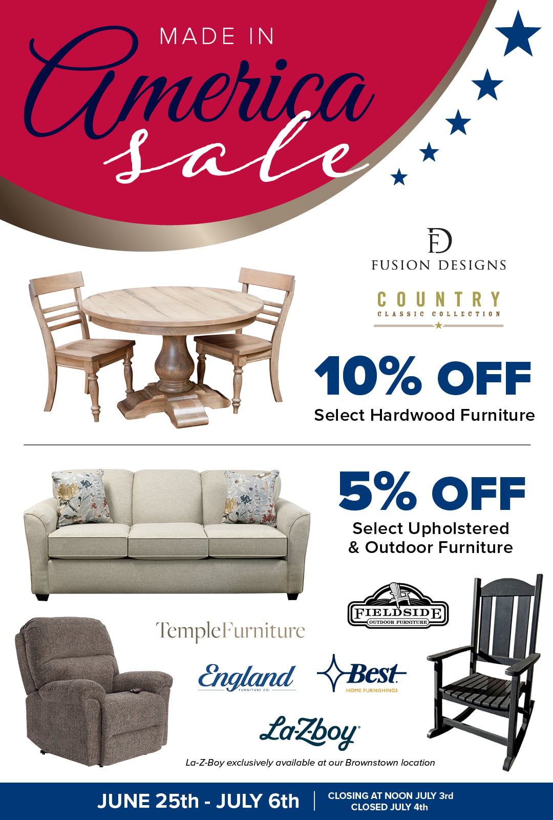 Promotional flyer for a Made in America furniture sale.