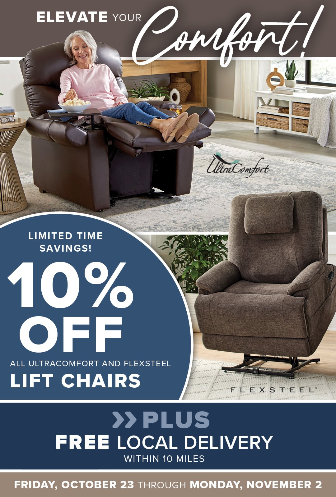 Furniture sale ad featuring UltraComfort and Flexsteel lift chairs.