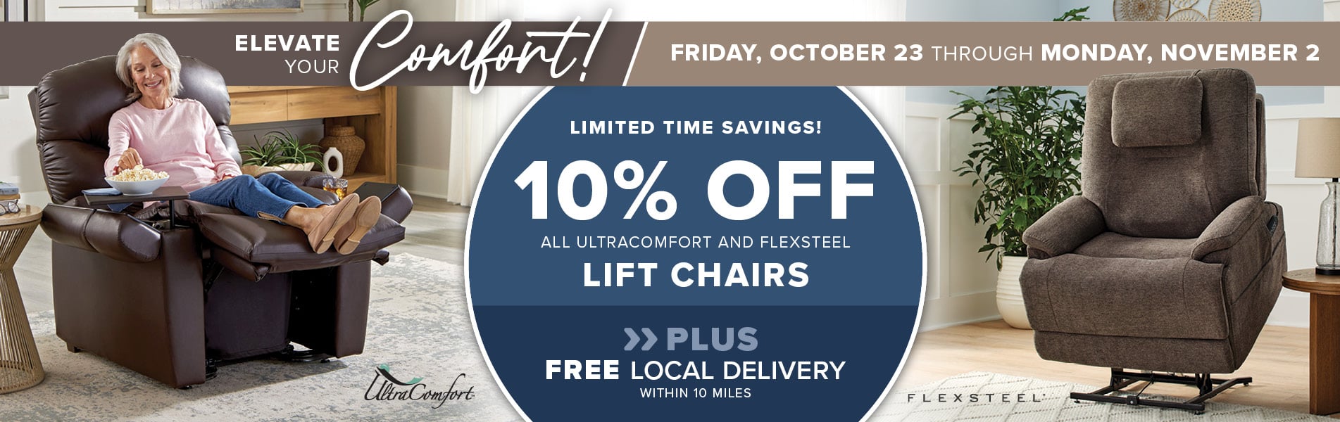 Promotional banner for 10% off UltraComfort and Flexsteel lift chairs.