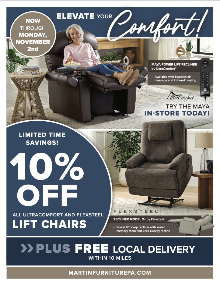 Sale advertisement for UltraComfort and Flexsteel lift chairs.